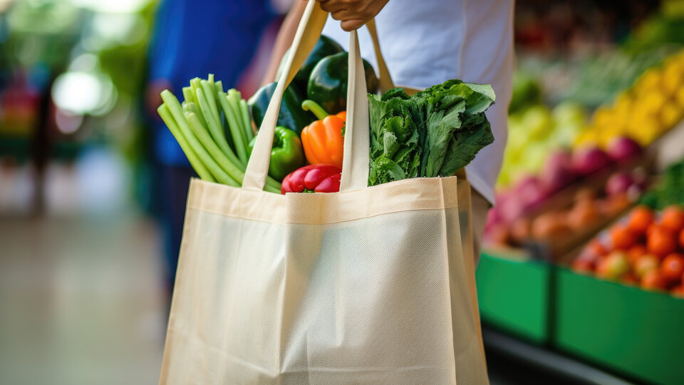 Shopper bag containing local produce from grocery store