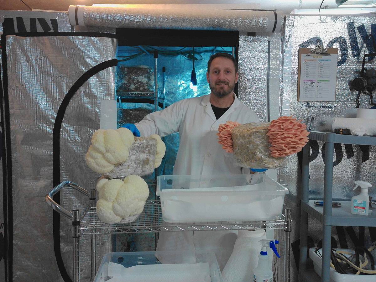 Good Life Mushrooms owner holding mushrooms in lab
